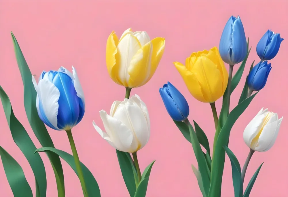 Yellow White And Blue Tulips And Lisianthus Flowers On The Right Side Of A Pink Background 11 B0ea