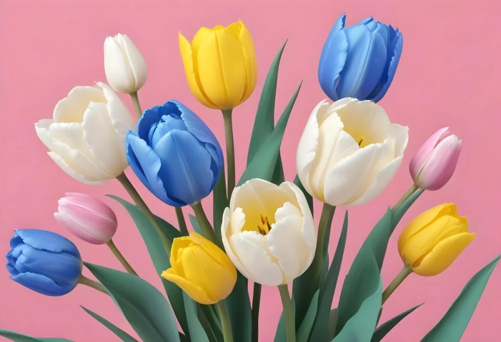 Yellow White And Blue Tulips And Lisianthus Flowers On The Right Side Of A Pink Background 12 427e