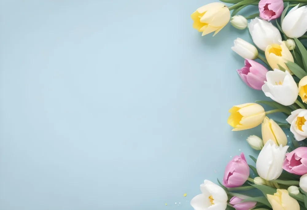 Yellow White And Blue Tulips And Lisianthus Flowers On The Right Side Of A Pink Background 3 8346