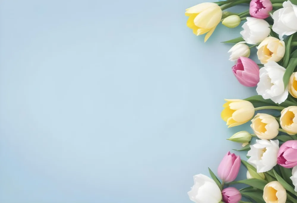 Yellow White And Blue Tulips And Lisianthus Flowers On The Right Side Of A Pink Background 5 2543