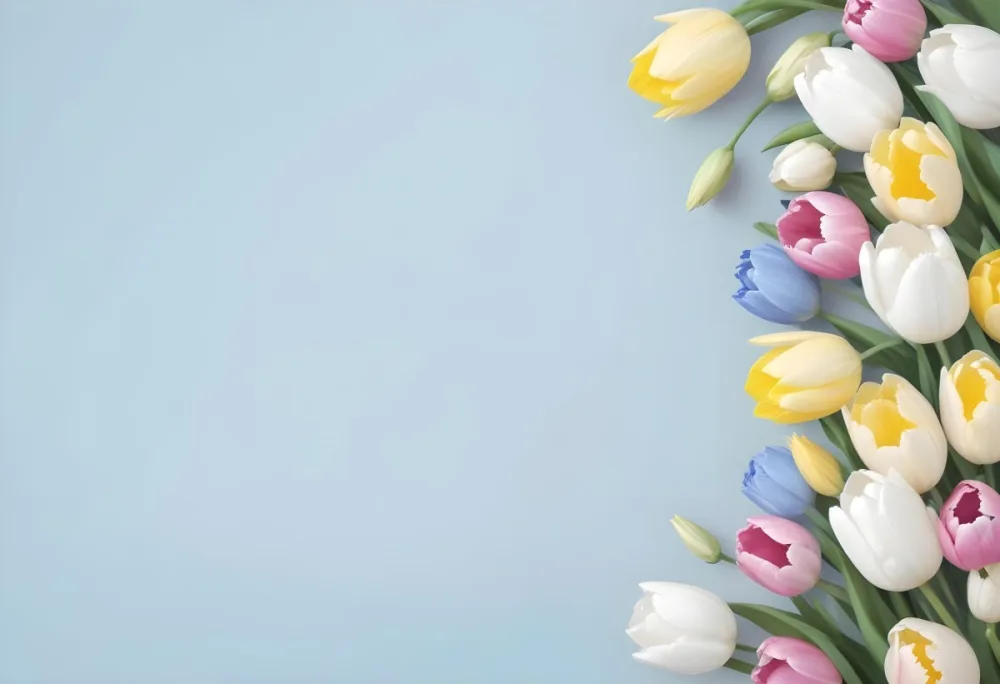Yellow White And Blue Tulips And Lisianthus Flowers On The Right Side Of A Pink Background 8 38e8