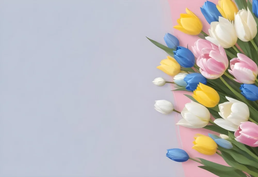 Yellow White And Blue Tulips And Lisianthus Flowers On The Right Side Of A Pink Background 9 6130