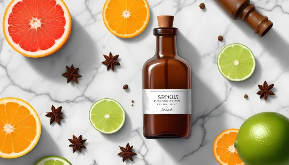 35mm Film Photography A Brown Glass Dropper Bottle With A White Label Is Centered On A Marble Surface Surrounding The Bottle Are Slices Of Orange Grapefruit Lime And Lime Along With Whole Spices Like Star Anise 20 B9a0