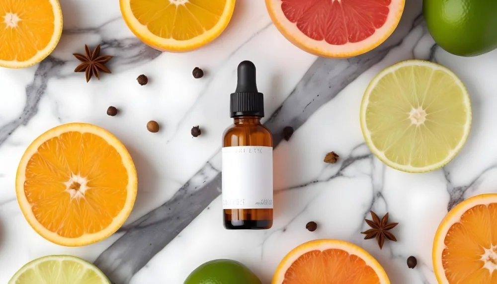 35mm Film Photography A Brown Glass Dropper Bottle With A White Label Is Centered On A Marble Surface Surrounding The Bottle Are Slices Of Orange Grapefruit Lime And Lime Along With Whole Spices Like Star Anise 22 5601