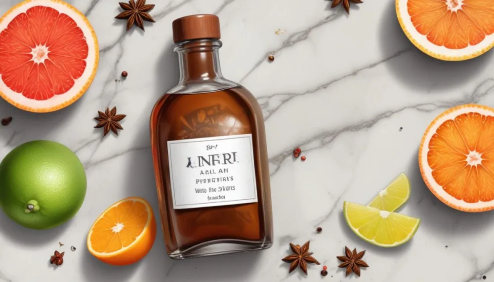 35mm Film Photography A Brown Glass Dropper Bottle With A White Label Is Centered On A Marble Surface Surrounding The Bottle Are Slices Of Orange Grapefruit Lime And Lime Along With Whole Spices Like Star Anise 23 3872