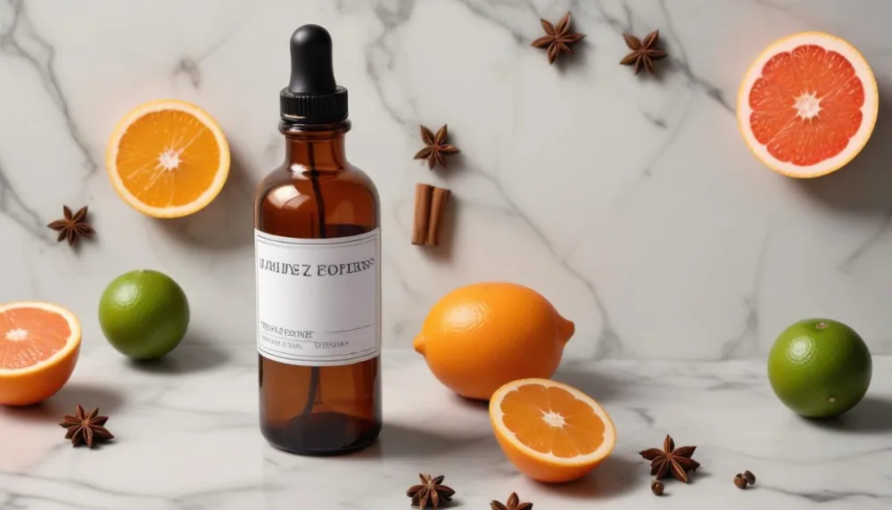 35mm Film Photography A Brown Glass Dropper Bottle With A White Label Is Centered On A Marble Surface Surrounding The Bottle Are Slices Of Orange Grapefruit Lime And Lime Along With Whole Spices Like Star Anise 24 E3f2