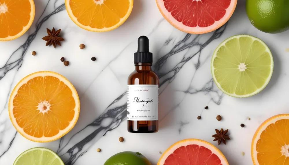 35mm Film Photography A Brown Glass Dropper Bottle With A White Label Is Centered On A Marble Surface Surrounding The Bottle Are Slices Of Orange Grapefruit Lime And Lime Along With Whole Spices Like Star Anise 25 8673