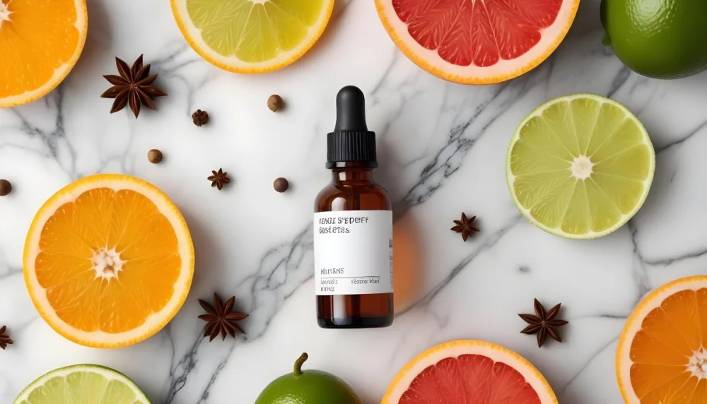 35mm Film Photography A Brown Glass Dropper Bottle With A White Label Is Centered On A Marble Surface Surrounding The Bottle Are Slices Of Orange Grapefruit Lime And Lime Along With Whole Spices Like Star Anise 3 1550