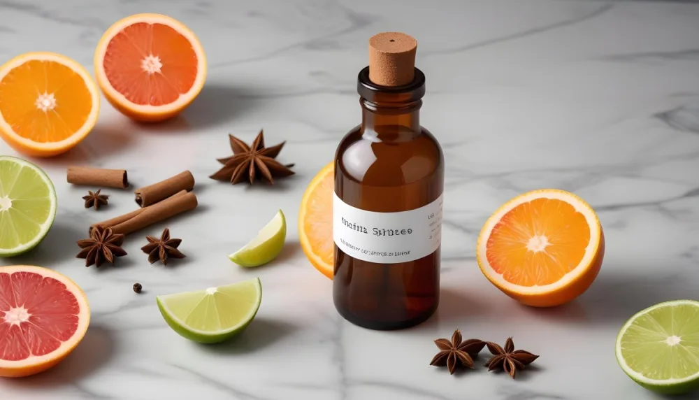 35mm Film Photography A Brown Glass Dropper Bottle With A White Label Is Centered On A Marble Surface Surrounding The Bottle Are Slices Of Orange Grapefruit Lime And Lime Along With Whole Spices Like Star Anise 30 Ec7e