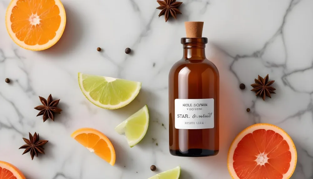 35mm Film Photography A Brown Glass Dropper Bottle With A White Label Is Centered On A Marble Surface Surrounding The Bottle Are Slices Of Orange Grapefruit Lime And Lime Along With Whole Spices Like Star Anise 32 02d2