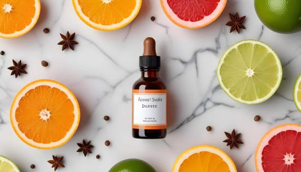 35mm Film Photography A Brown Glass Dropper Bottle With A White Label Is Centered On A Marble Surface Surrounding The Bottle Are Slices Of Orange Grapefruit Lime And Lime Along With Whole Spices Like Star Anise 41 E546
