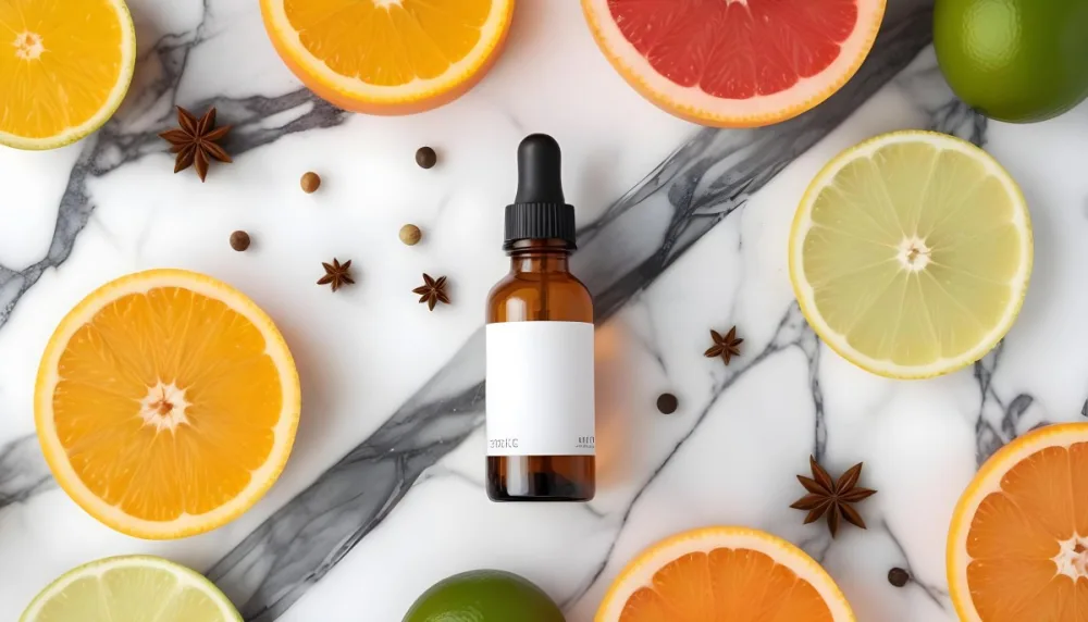 35mm Film Photography A Brown Glass Dropper Bottle With A White Label Is Centered On A Marble Surface Surrounding The Bottle Are Slices Of Orange Grapefruit Lime And Lime Along With Whole Spices Like Star Anise 47 C5ce