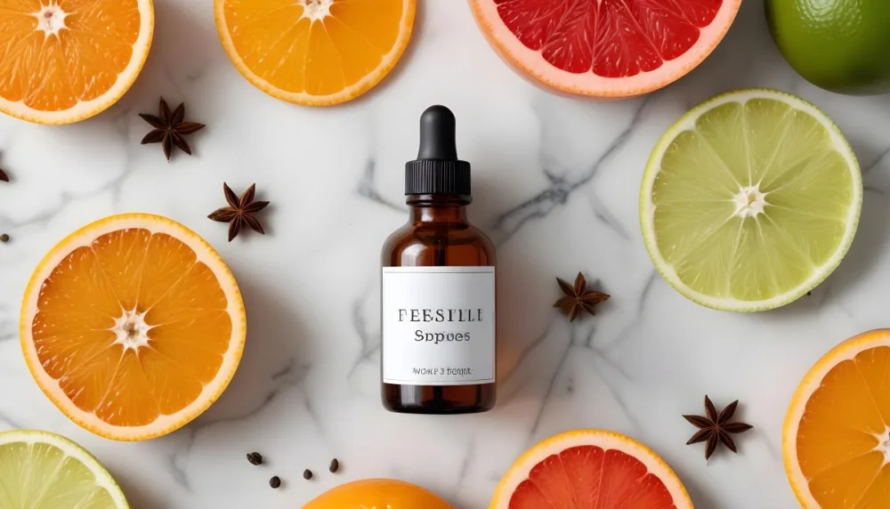 35mm Film Photography A Brown Glass Dropper Bottle With A White Label Is Centered On A Marble Surface Surrounding The Bottle Are Slices Of Orange Grapefruit Lime And Lime Along With Whole Spices Like Star Anise 48 Ff4f