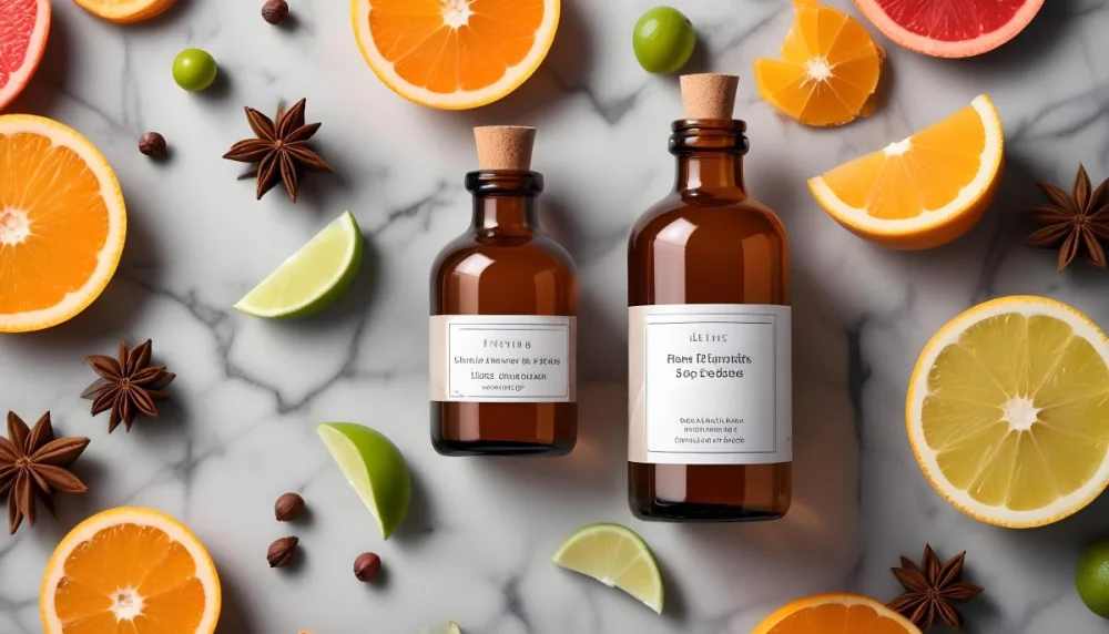 35mm Film Photography A Brown Glass Dropper Bottle With A White Label Is Centered On A Marble Surface Surrounding The Bottle Are Slices Of Orange Grapefruit Lime And Lime Along With Whole Spices Like Star Anise 5 01ab