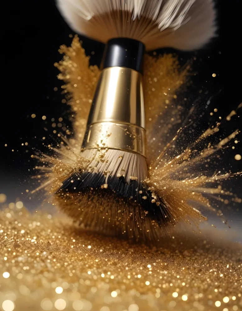 35mm Film Photography A Makeup Brush With Golden Glitter Particles Being Blown Off The Bristles High Detail 2 8968