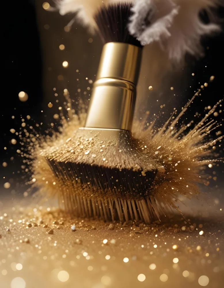 35mm Film Photography A Makeup Brush With Golden Glitter Particles Being Blown Off The Bristles High Detail 5 6870