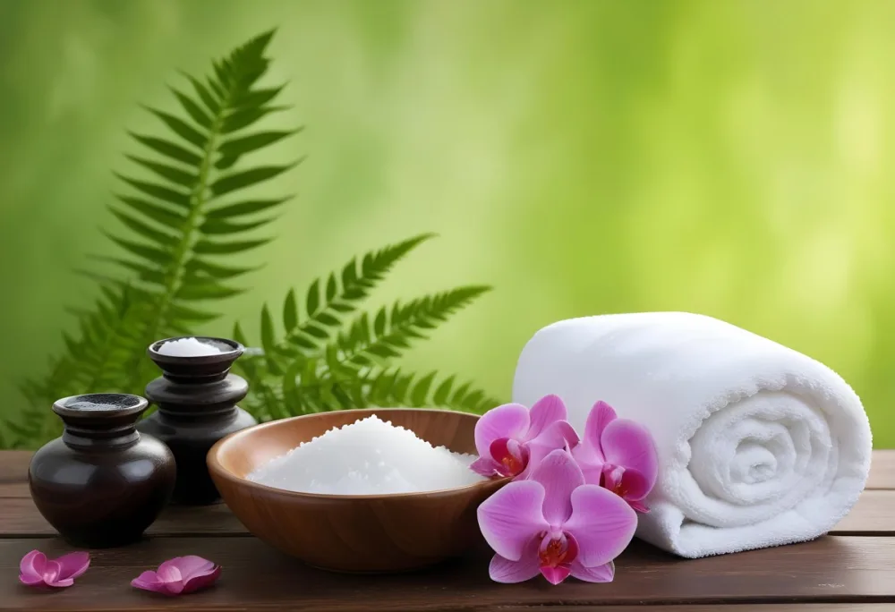 35mm Film Photography A Spa Setting Featuring A White Towel A Wooden Bowl Filled With Salt And A Pink Orchid Flower There Are Green Ferns And A Blurred Green Background Suggesting A Tranquil Environment High De 11 330d