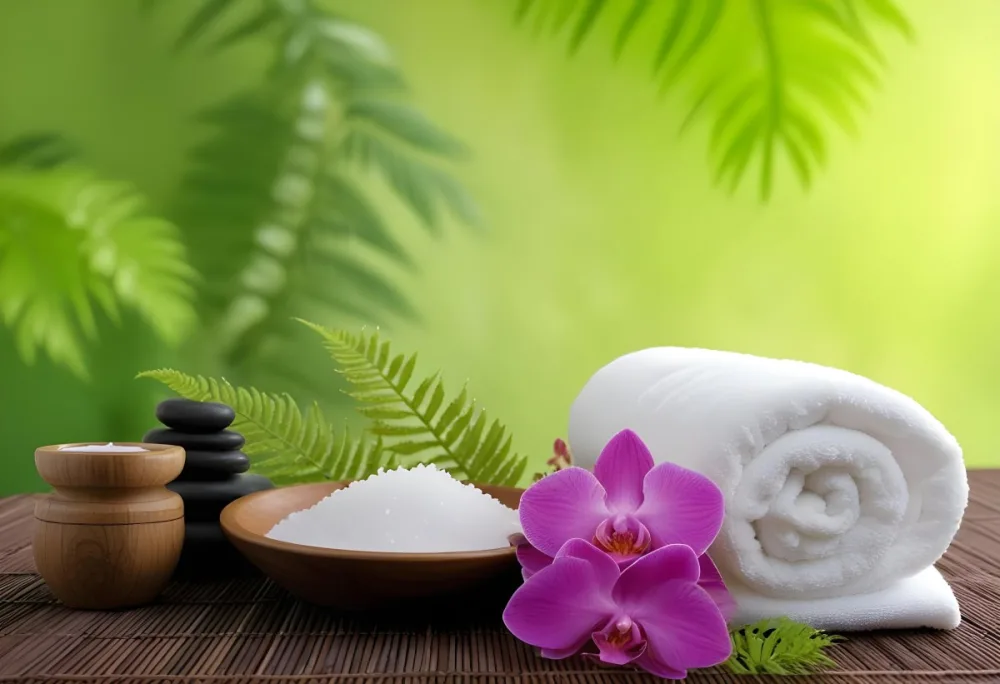 35mm Film Photography A Spa Setting Featuring A White Towel A Wooden Bowl Filled With Salt And A Pink Orchid Flower There Are Green Ferns And A Blurred Green Background Suggesting A Tranquil Environment High De 39 6024