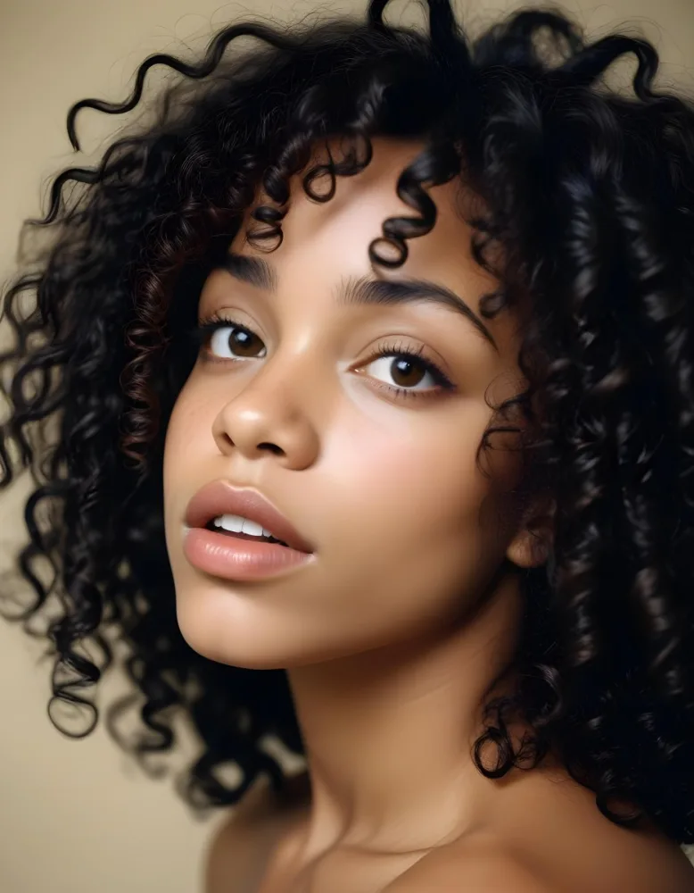 35mm Film Photography A Young African American Woman With Curly Dark Hair Full Lips And A Neutral Facial Expression High Detail 22 958f