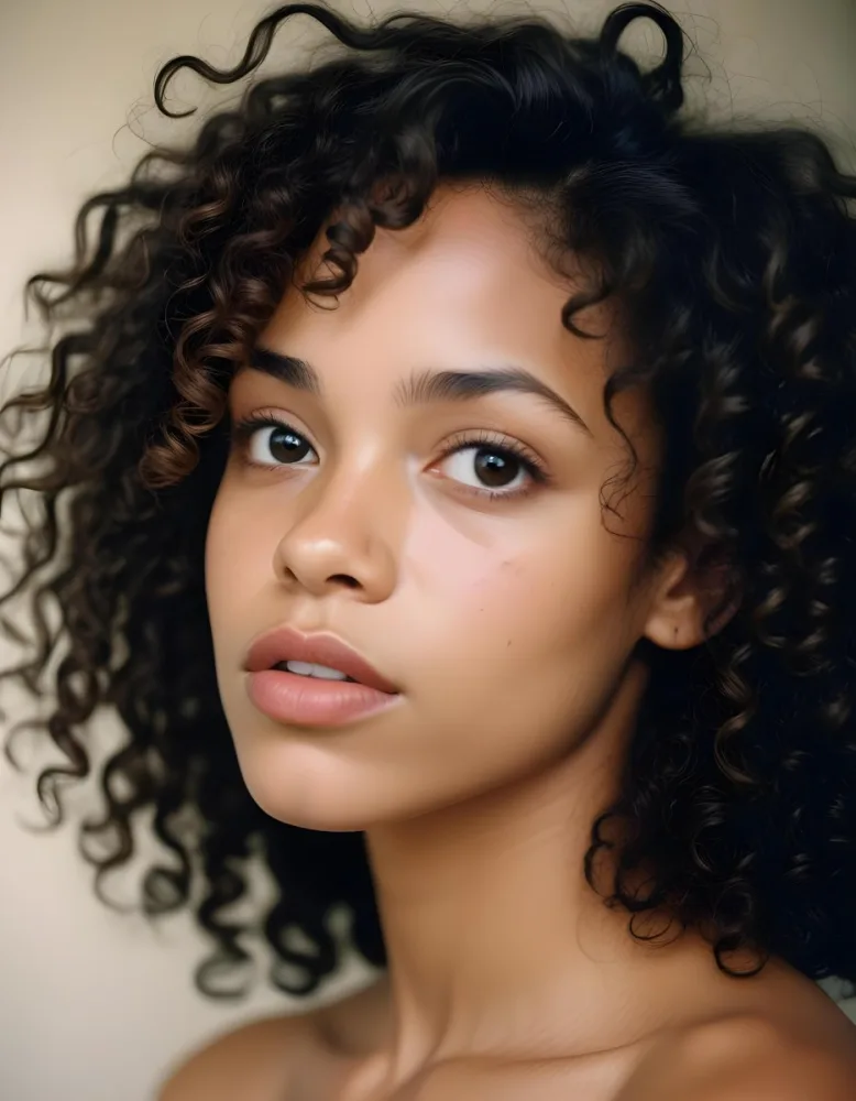 35mm Film Photography A Young African American Woman With Curly Dark Hair Full Lips And A Neutral Facial Expression High Detail 27 7e9b