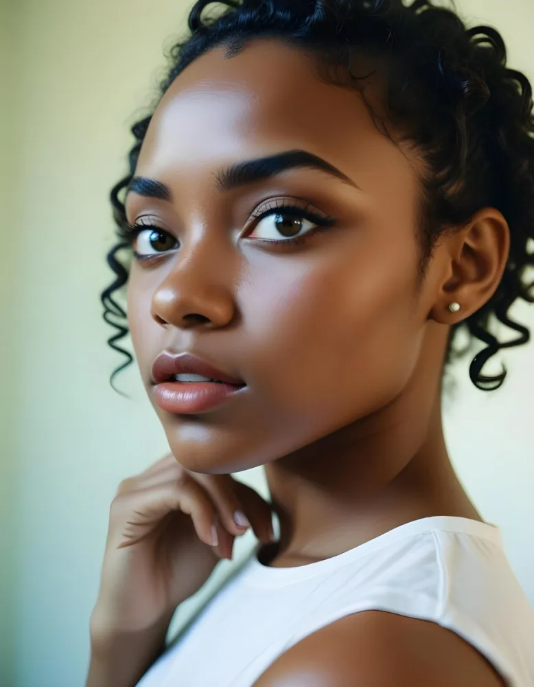 35mm Film Photography A Young Black Woman With Dark Skin Short Curly Hair And Bold Eye Makeup Looking Directly At The Camera In A Bright Room High Detail 11 685b