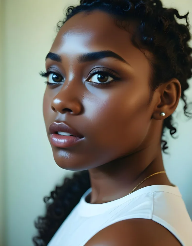 35mm Film Photography A Young Black Woman With Dark Skin Short Curly Hair And Bold Eye Makeup Looking Directly At The Camera In A Bright Room High Detail 13 B9d7