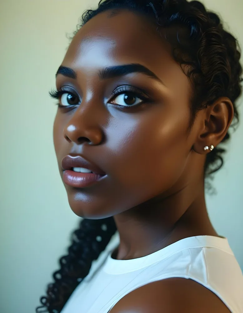 35mm Film Photography A Young Black Woman With Dark Skin Short Curly Hair And Bold Eye Makeup Looking Directly At The Camera In A Bright Room High Detail 20 D77c