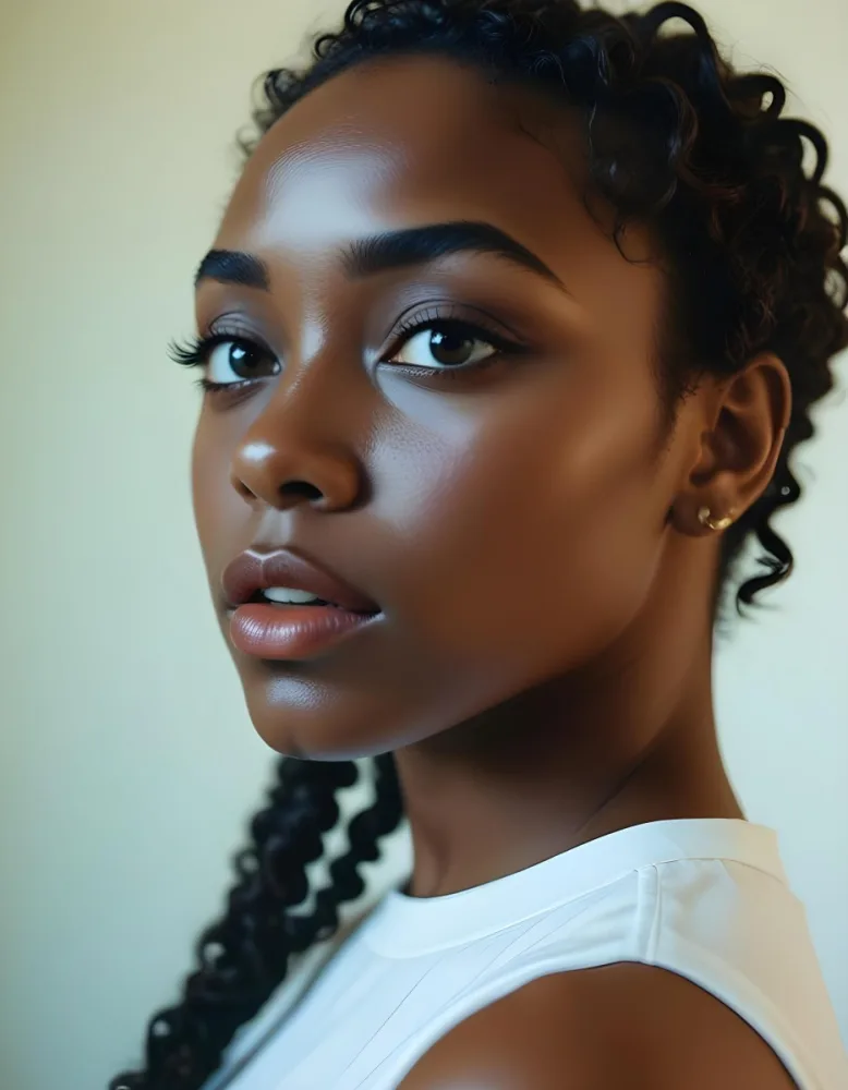35mm Film Photography A Young Black Woman With Dark Skin Short Curly Hair And Bold Eye Makeup Looking Directly At The Camera In A Bright Room High Detail 21 6ccf