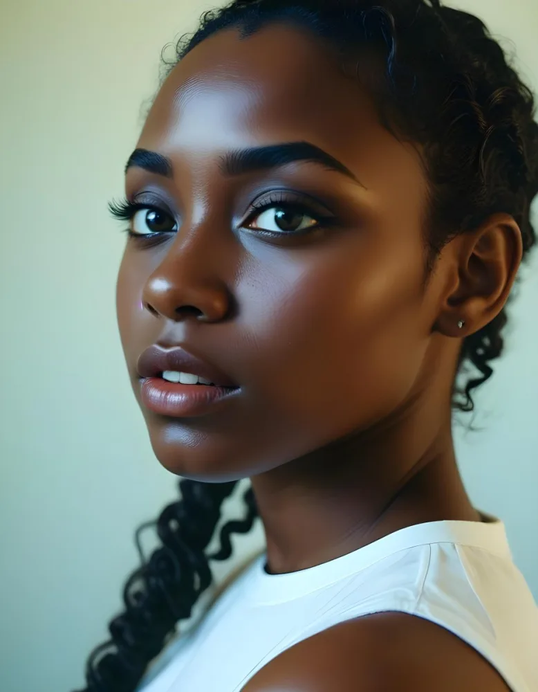 35mm Film Photography A Young Black Woman With Dark Skin Short Curly Hair And Bold Eye Makeup Looking Directly At The Camera In A Bright Room High Detail 22 Ac66