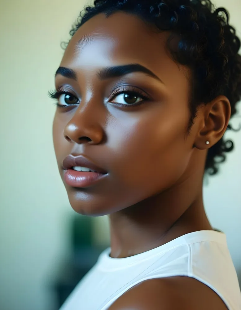 35mm Film Photography A Young Black Woman With Dark Skin Short Curly Hair And Bold Eye Makeup Looking Directly At The Camera In A Bright Room High Detail 23 0d1a