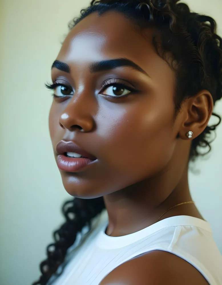 35mm Film Photography A Young Black Woman With Dark Skin Short Curly Hair And Bold Eye Makeup Looking Directly At The Camera In A Bright Room High Detail 25 E6da