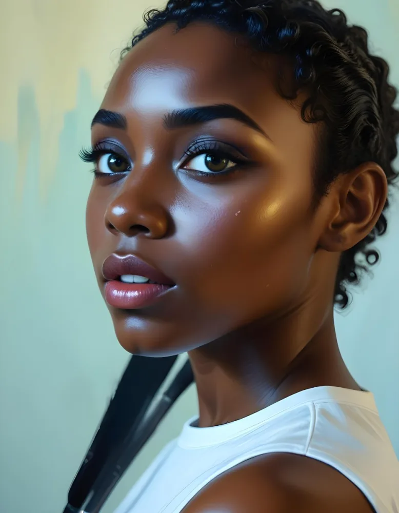 35mm Film Photography A Young Black Woman With Dark Skin Short Curly Hair And Bold Eye Makeup Looking Directly At The Camera In A Bright Room High Detail 6 D306