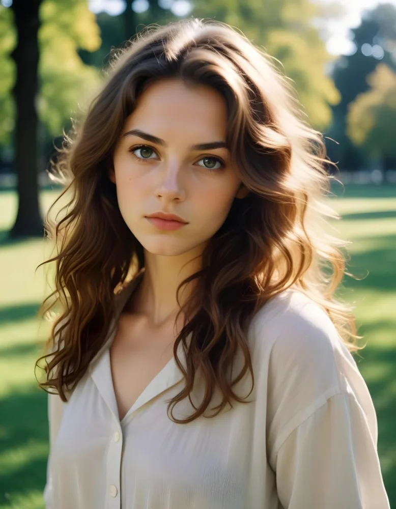 35mm Film Photography A Young Caucasian Woman With Long Wavy Brown Hair And Natural Makeup Looking Directly At The Camera With A Serious Expression In Daylight With A Background Of A Park High Detail 17 962a