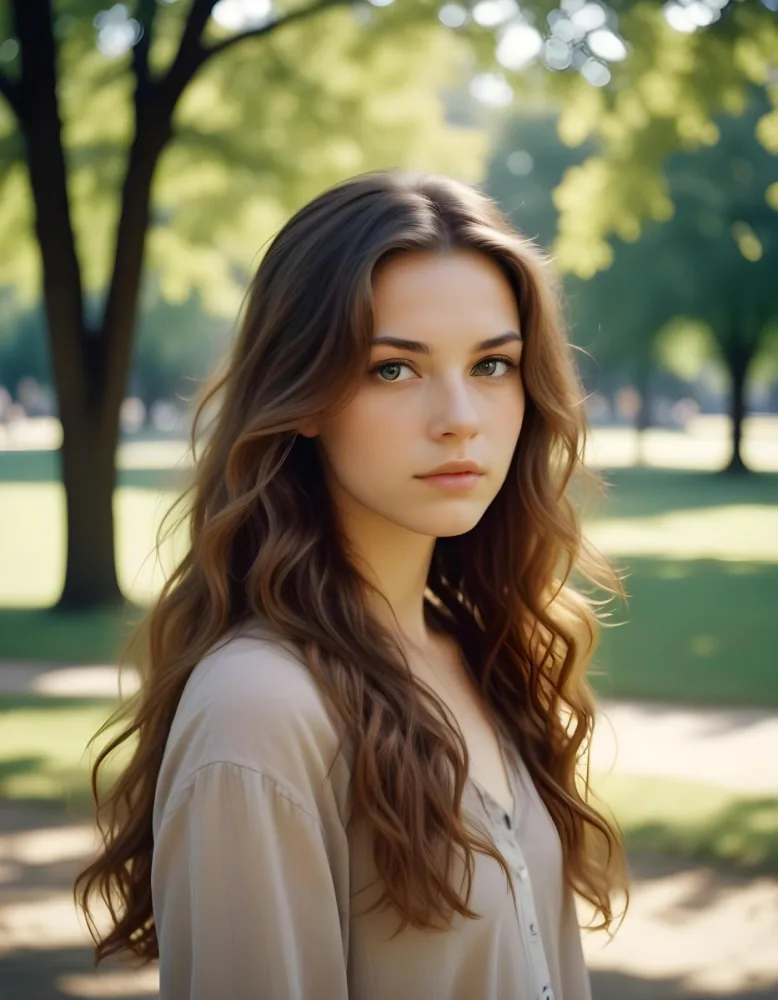 35mm Film Photography A Young Caucasian Woman With Long Wavy Brown Hair And Natural Makeup Looking Directly At The Camera With A Serious Expression In Daylight With A Background Of A Park High Detail 20 1883