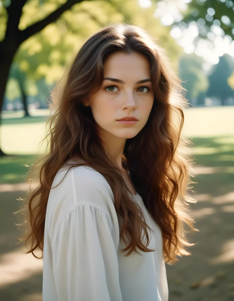 35mm Film Photography A Young Caucasian Woman With Long Wavy Brown Hair And Natural Makeup Looking Directly At The Camera With A Serious Expression In Daylight With A Background Of A Park High Detail 22 2e9c