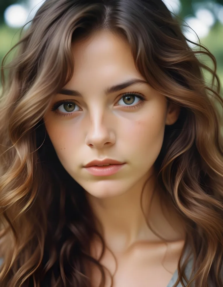 35mm Film Photography A Young Caucasian Woman With Long Wavy Brown Hair And Natural Makeup Looking Directly At The Camera With A Serious Expression In Daylight With A Background Of A Park High Detail 27 E001