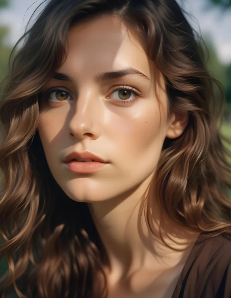 35mm Film Photography A Young Caucasian Woman With Long Wavy Brown Hair And Natural Makeup Looking Directly At The Camera With A Serious Expression In Daylight With A Background Of A Park High Detail 3 B26d