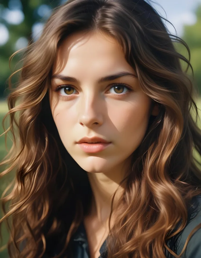 35mm Film Photography A Young Caucasian Woman With Long Wavy Brown Hair And Natural Makeup Looking Directly At The Camera With A Serious Expression In Daylight With A Background Of A Park High Detail 31 F246