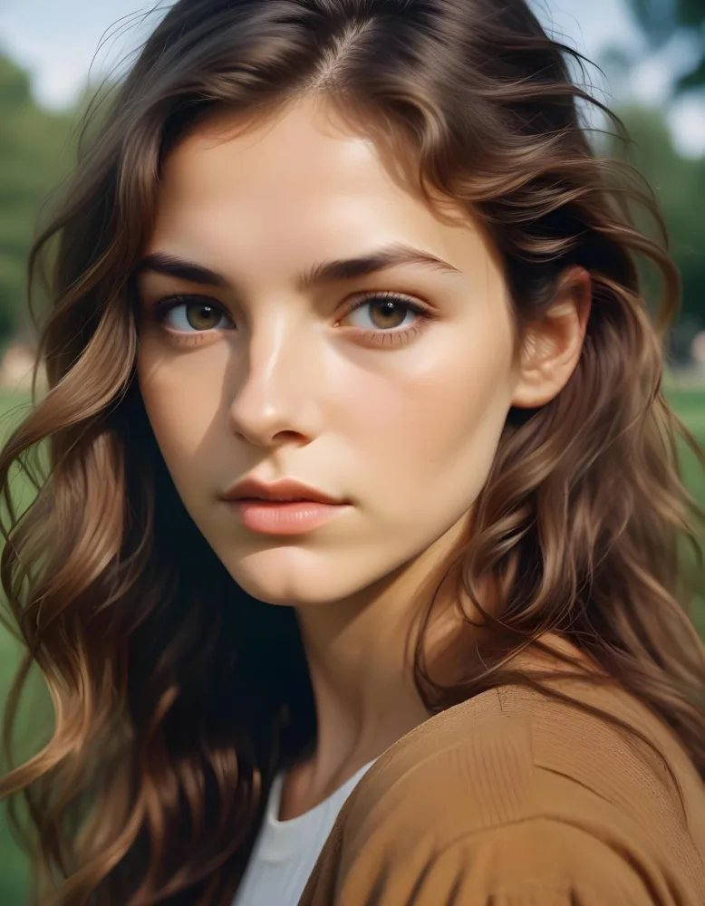 35mm Film Photography A Young Caucasian Woman With Long Wavy Brown Hair And Natural Makeup Looking Directly At The Camera With A Serious Expression In Daylight With A Background Of A Park High Detail 34 3cdb