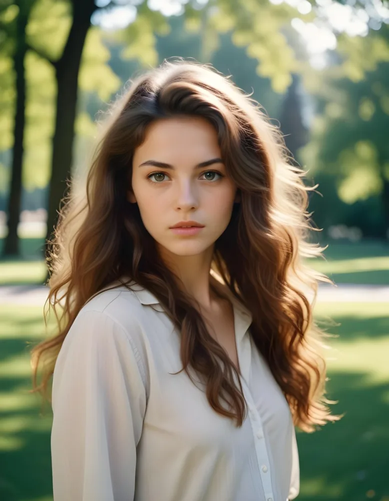 35mm Film Photography A Young Caucasian Woman With Long Wavy Brown Hair And Natural Makeup Looking Directly At The Camera With A Serious Expression In Daylight With A Background Of A Park High Detail 35 F3c6