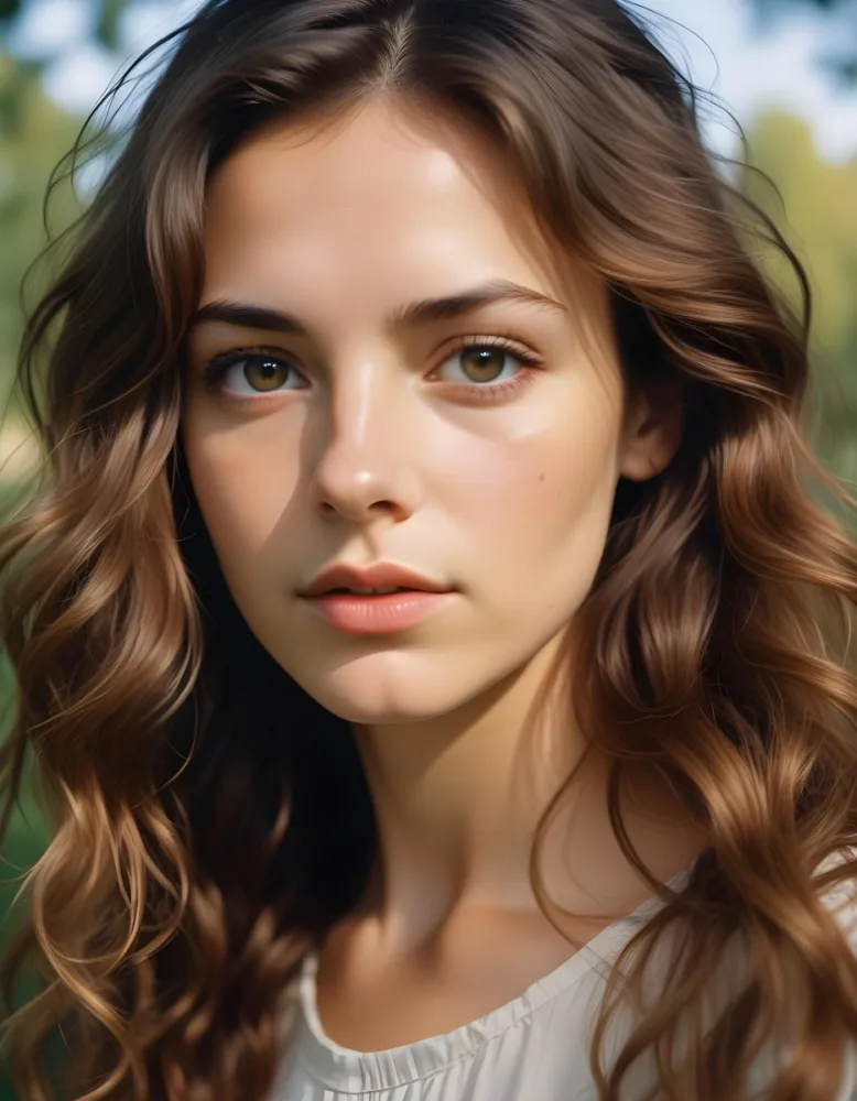 35mm Film Photography A Young Caucasian Woman With Long Wavy Brown Hair And Natural Makeup Looking Directly At The Camera With A Serious Expression In Daylight With A Background Of A Park High Detail 42 0a99