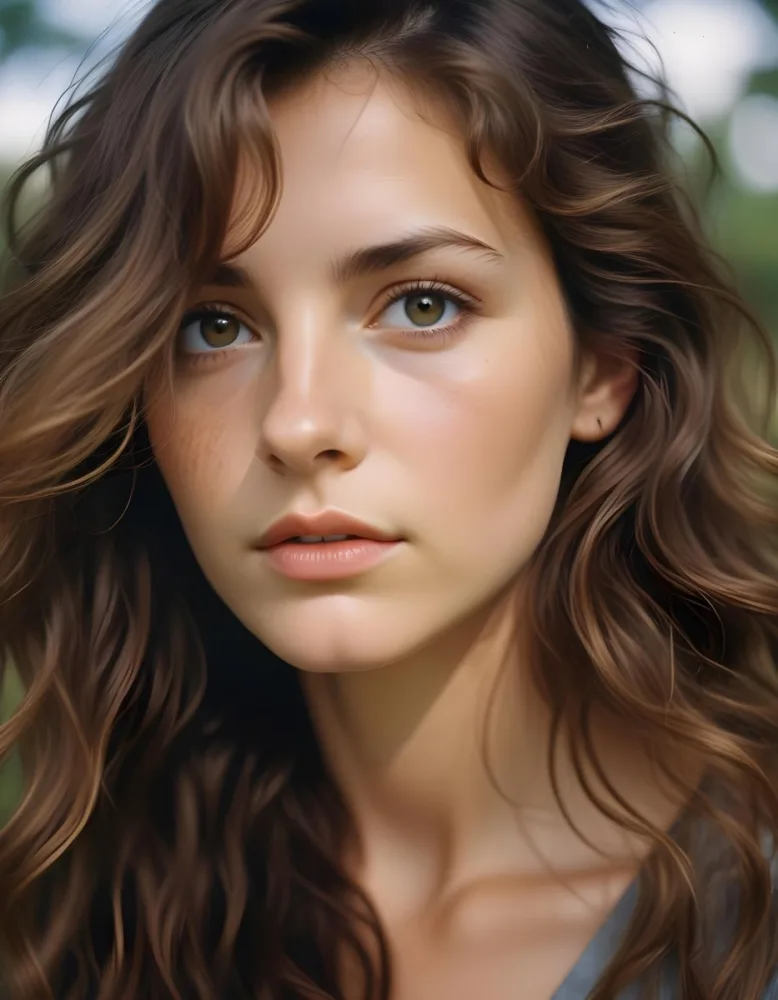 35mm Film Photography A Young Caucasian Woman With Long Wavy Brown Hair And Natural Makeup Looking Directly At The Camera With A Serious Expression In Daylight With A Background Of A Park High Detail 48 Ccb3