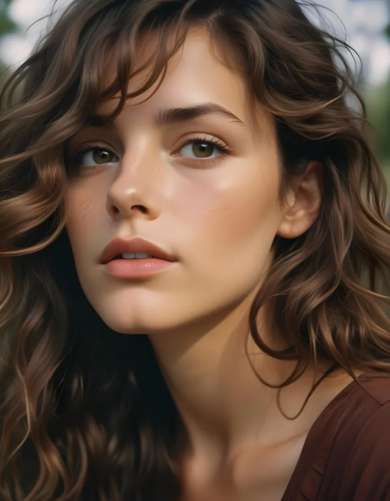 35mm Film Photography A Young Caucasian Woman With Long Wavy Brown Hair And Natural Makeup Looking Directly At The Camera With A Serious Expression In Daylight With A Background Of A Park High Detail 52 C482