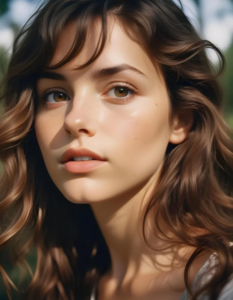 35mm Film Photography A Young Caucasian Woman With Long Wavy Brown Hair And Natural Makeup Looking Directly At The Camera With A Serious Expression In Daylight With A Background Of A Park High Detail 57 5f29