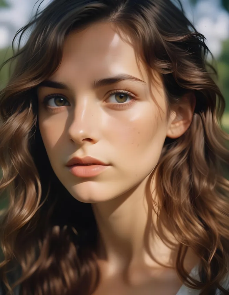35mm Film Photography A Young Caucasian Woman With Long Wavy Brown Hair And Natural Makeup Looking Directly At The Camera With A Serious Expression In Daylight With A Background Of A Park High Detail 6 D087
