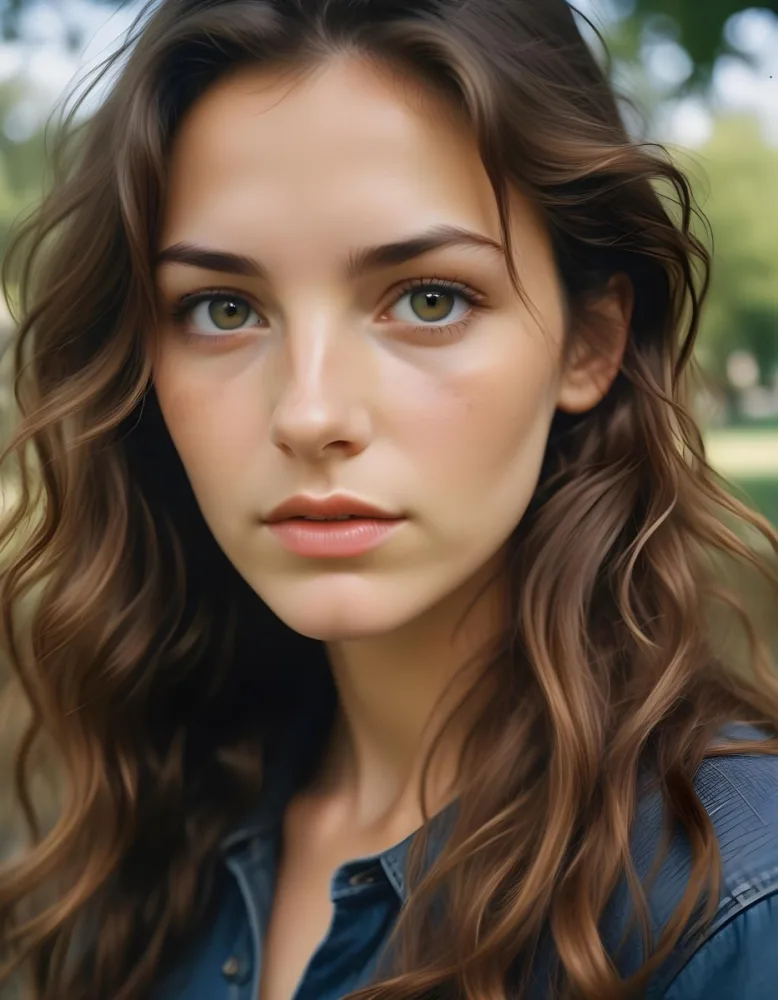 35mm Film Photography A Young Caucasian Woman With Long Wavy Brown Hair And Natural Makeup Looking Directly At The Camera With A Serious Expression In Daylight With A Background Of A Park High Detail 68 C00b