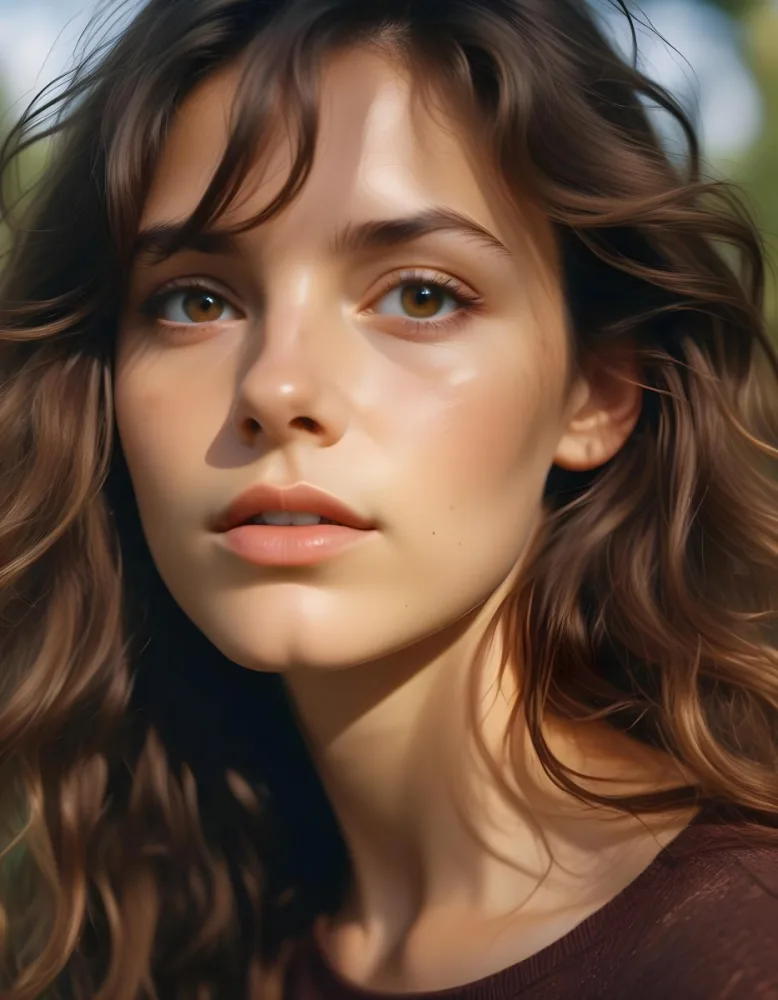 35mm Film Photography A Young Caucasian Woman With Long Wavy Brown Hair And Natural Makeup Looking Directly At The Camera With A Serious Expression In Daylight With A Background Of A Park High Detail 8 09b0