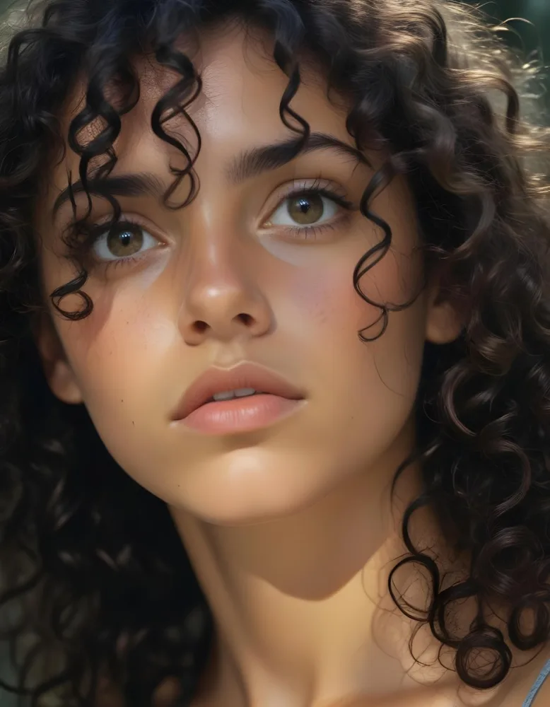 35mm Film Photography A Young Woman With Dark Curly Hair And Olive Skin Looking Directly At The Camera With A Pensive Expression In Daylight With Soft Lighting High Detail 118 2840
