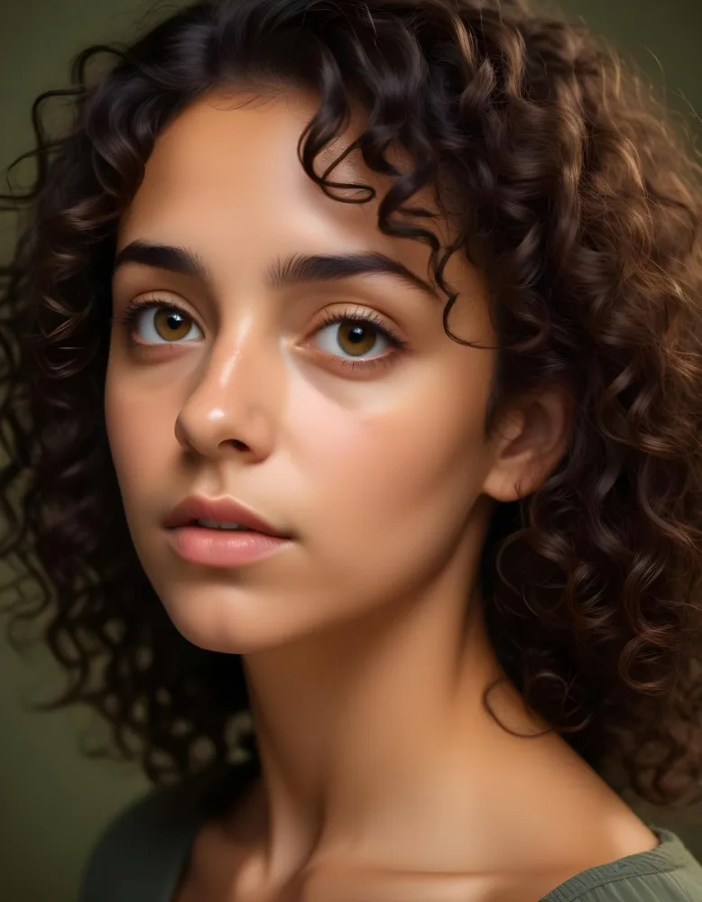 35mm Film Photography A Young Woman With Dark Curly Hair And Olive Skin Looking Directly At The Camera With A Pensive Expression In Daylight With Soft Lighting High Detail 15 Cdf4