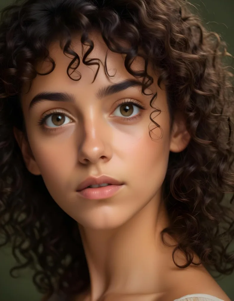 35mm Film Photography A Young Woman With Dark Curly Hair And Olive Skin Looking Directly At The Camera With A Pensive Expression In Daylight With Soft Lighting High Detail 16 8a74